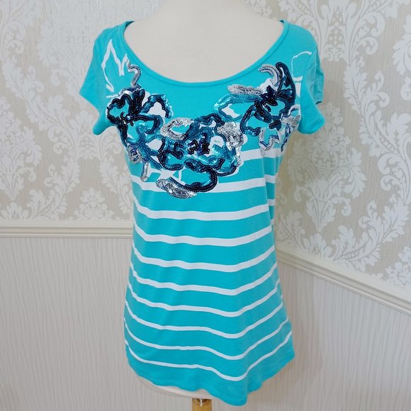 Express Dreamweight Cotton Turquoise White Striped T-Shirt Sequins Size Small - Picture 1 of 4